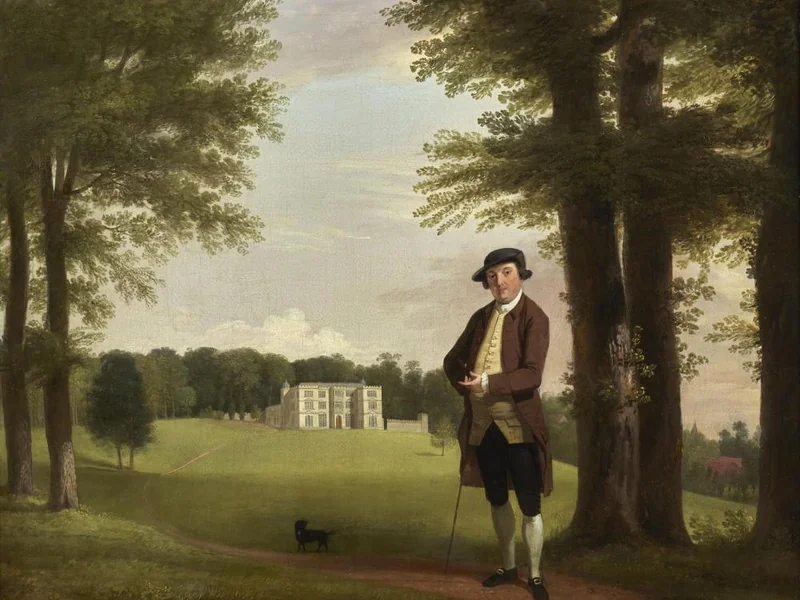 1735-Nathaniel Dance-Holland - Powlett Wrighte il giovane, in piedi davanti a Enlefield House